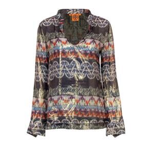 TORY BURCH purple orange green aztec print metallic silk long sleeve top blouse